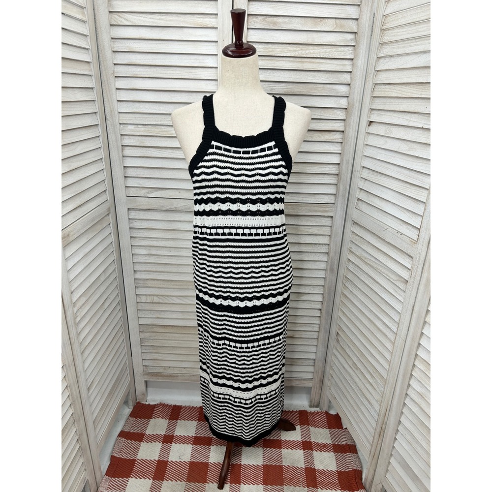 Joie Crochet Knit Maxi Dress Medium Black White Stripe Boho Coastal Resort Sheer